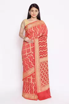 red Banarasi Cotton Silk  Bandhej Saree