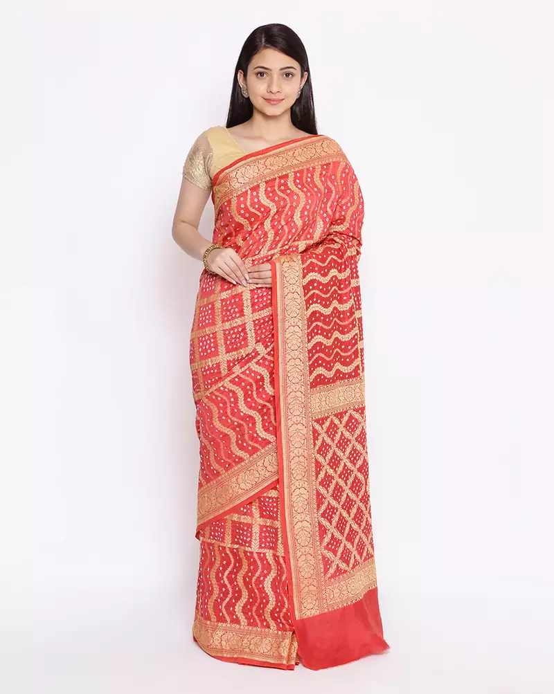 red Banarasi Cotton Silk  Bandhej Saree