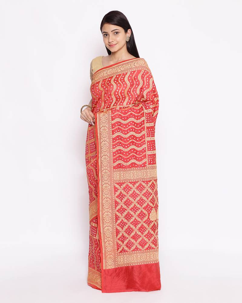red Banarasi Cotton Silk  Bandhej Saree