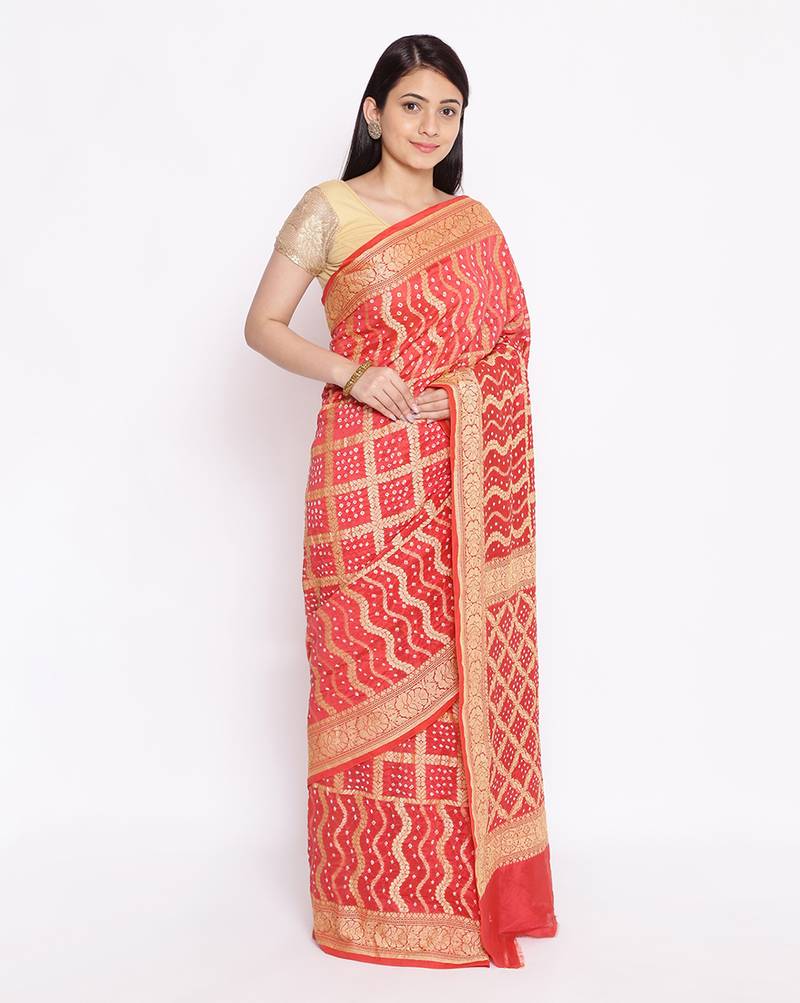 red Banarasi Cotton Silk  Bandhej Saree