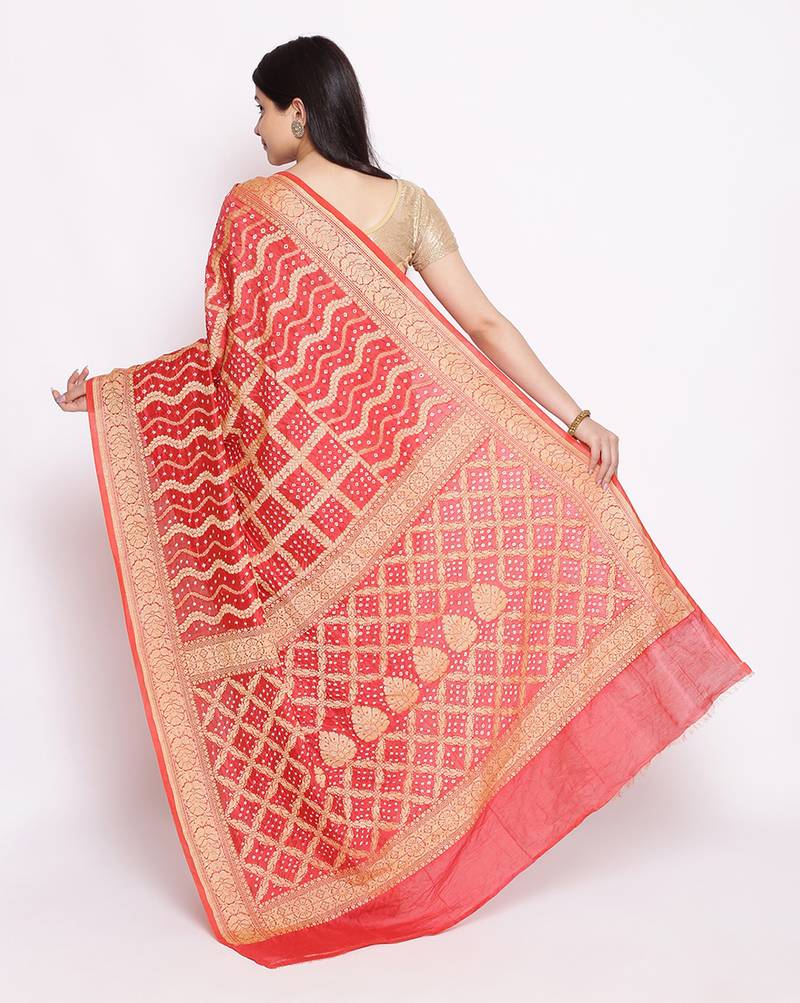 red Banarasi Cotton Silk  Bandhej Saree