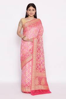pink Banarasi Cotton Silk  Bandhej Saree