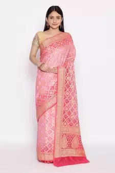 pink Banarasi Cotton Silk  Bandhej Saree
