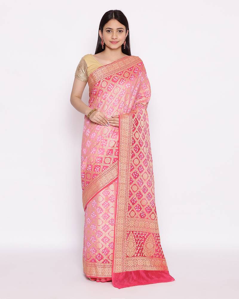 pink Banarasi Cotton Silk  Bandhej Saree