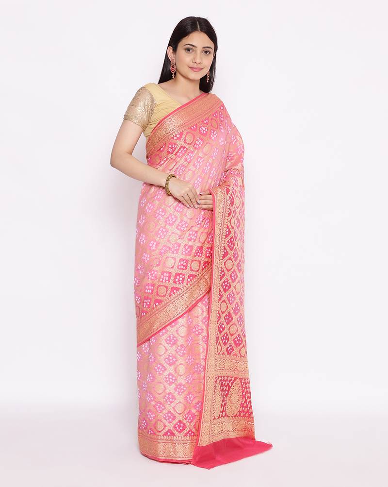 pink Banarasi Cotton Silk  Bandhej Saree