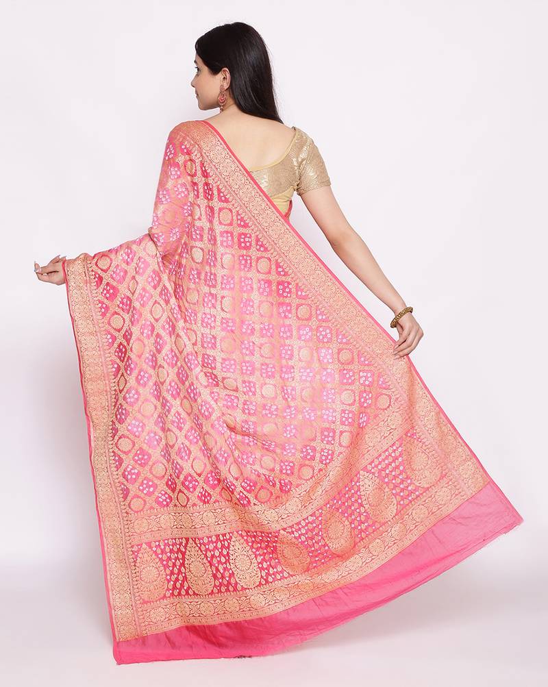 pink Banarasi Cotton Silk  Bandhej Saree
