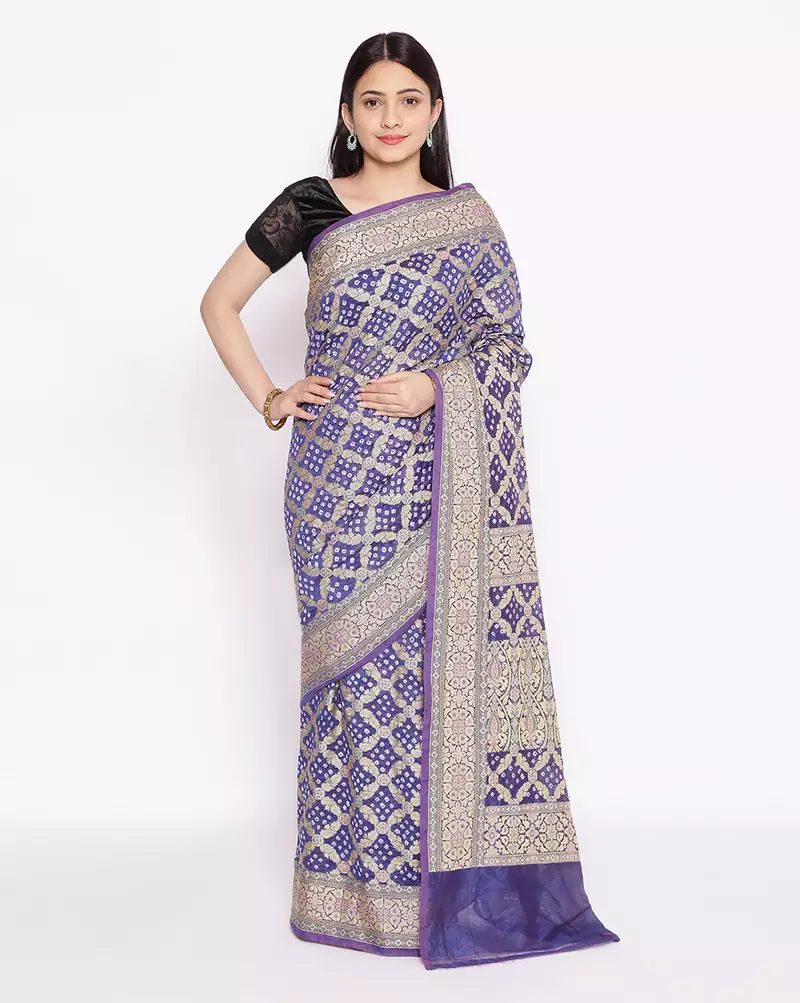 blue Banarasi Cotton Silk  Bandhej Saree