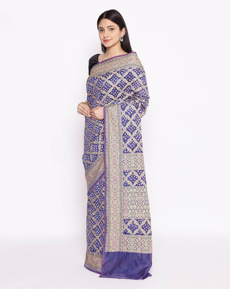 blue Banarasi Cotton Silk  Bandhej Saree