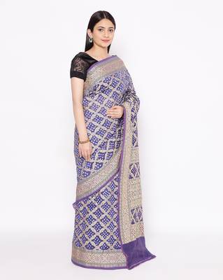 blue Banarasi Cotton Silk  Bandhej Saree 3