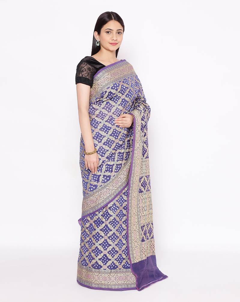 blue Banarasi Cotton Silk  Bandhej Saree