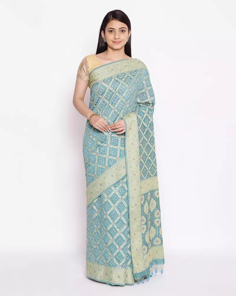 grey Banarasi Cotton Silk  Bandhej Saree