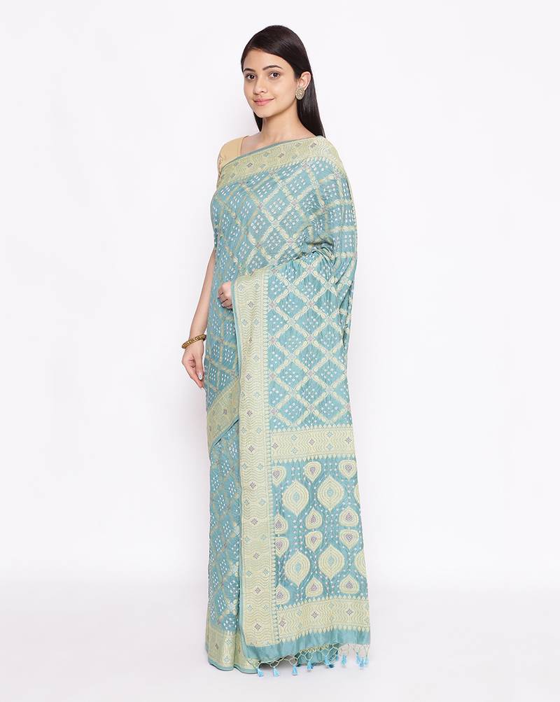 grey Banarasi Cotton Silk  Bandhej Saree