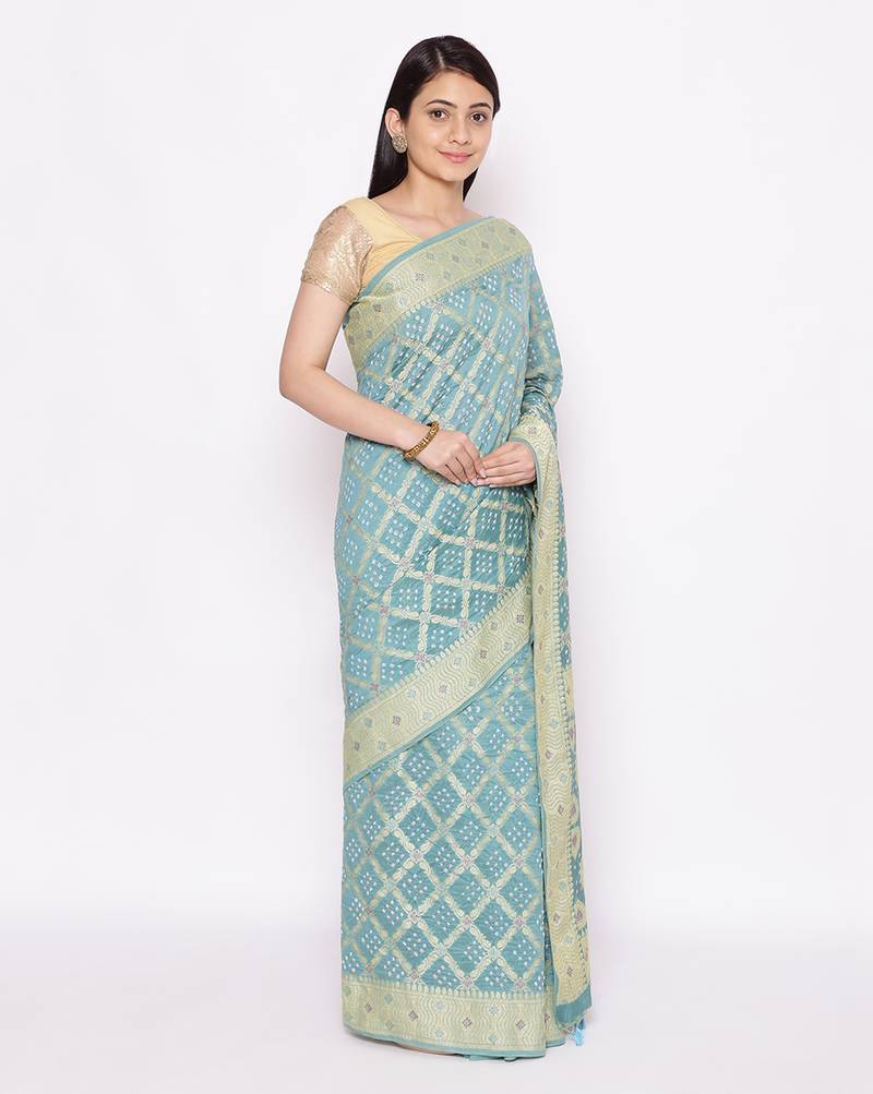 grey Banarasi Cotton Silk  Bandhej Saree