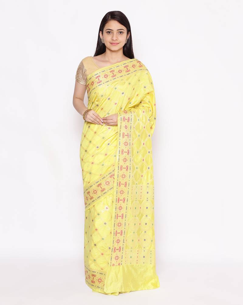 yellow Dupion Silk Banarasi Meena Jaal Saree