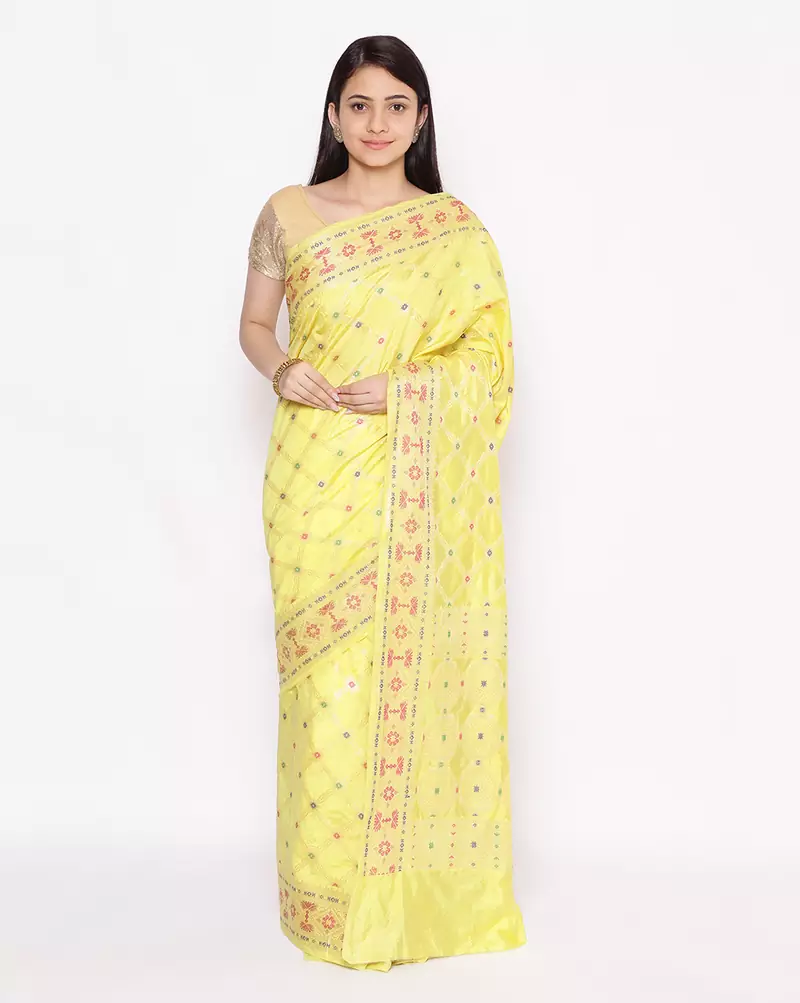 yellow Dupion Silk Banarasi Meena Jaal Saree