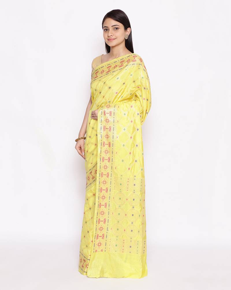 yellow Dupion Silk Banarasi Meena Jaal Saree