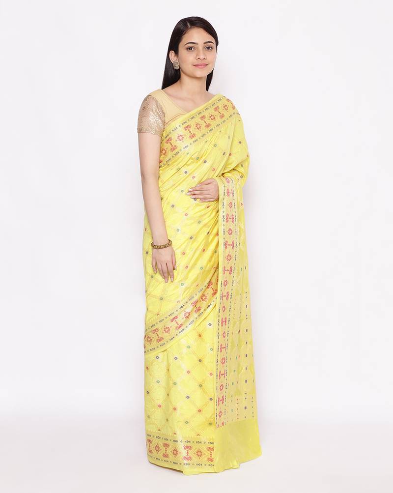 yellow Dupion Silk Banarasi Meena Jaal Saree