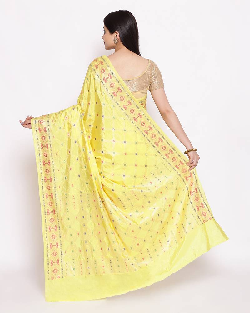 yellow Dupion Silk Banarasi Meena Jaal Saree