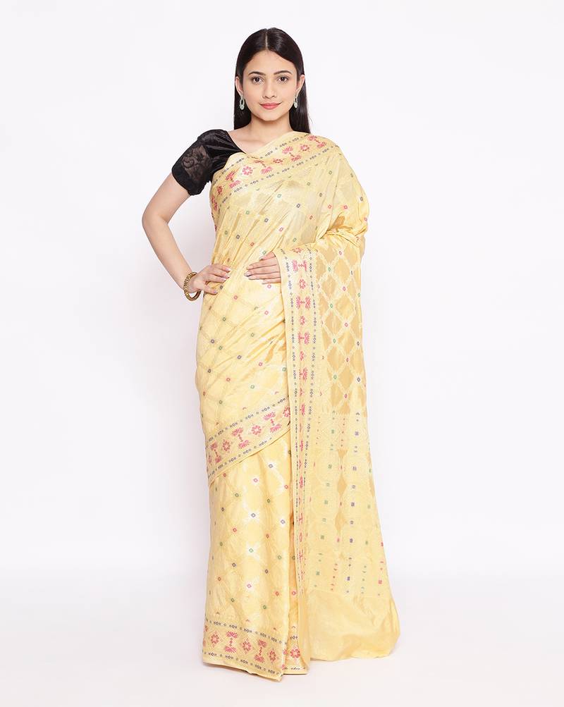 yellow Dupion Silk Banarasi Meena Jaal Saree