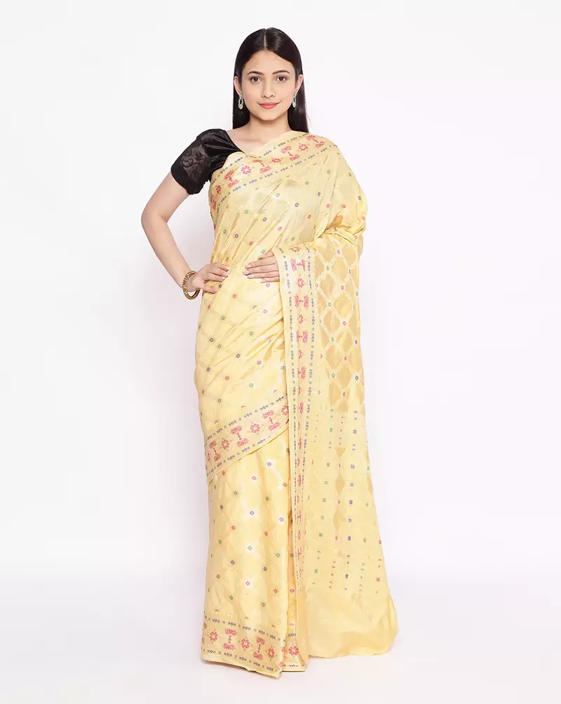 yellow Dupion Silk Banarasi Meena Jaal Saree