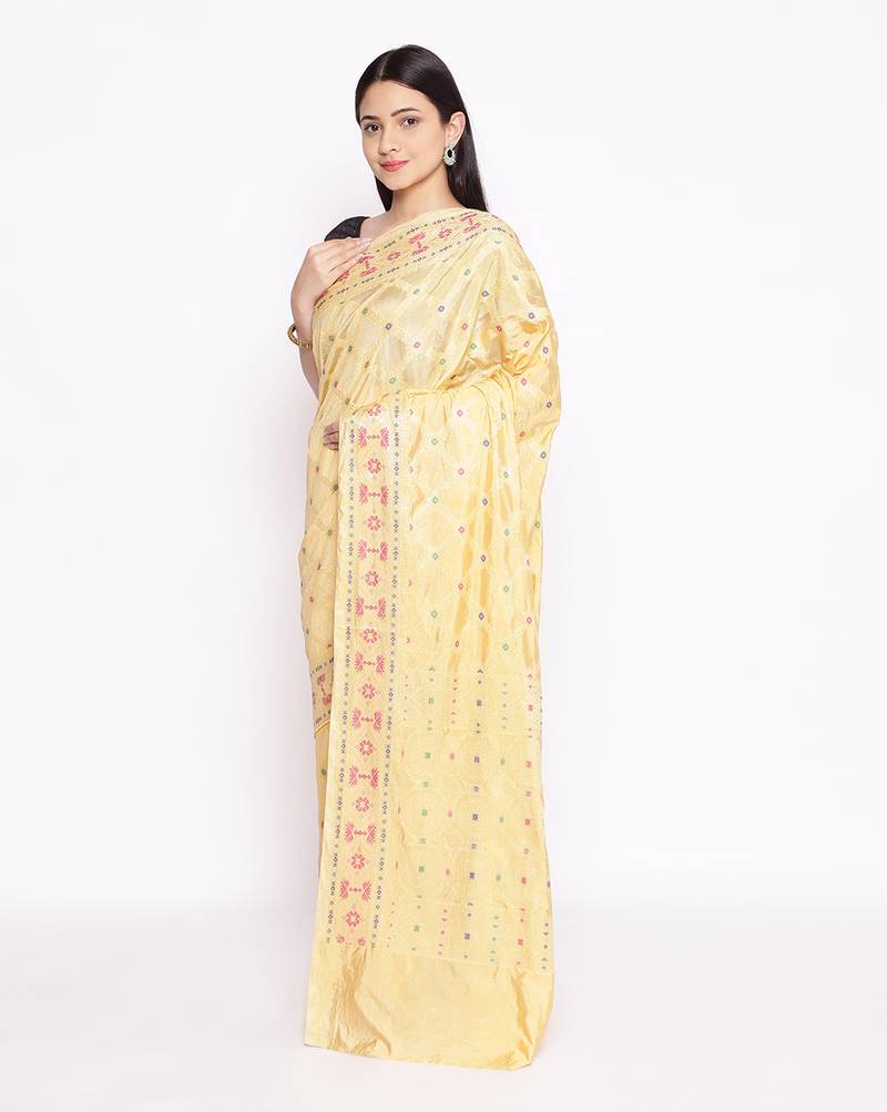 yellow Dupion Silk Banarasi Meena Jaal Saree