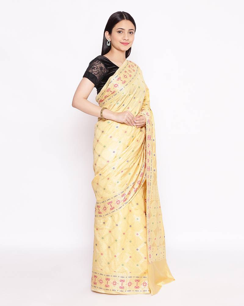 yellow Dupion Silk Banarasi Meena Jaal Saree