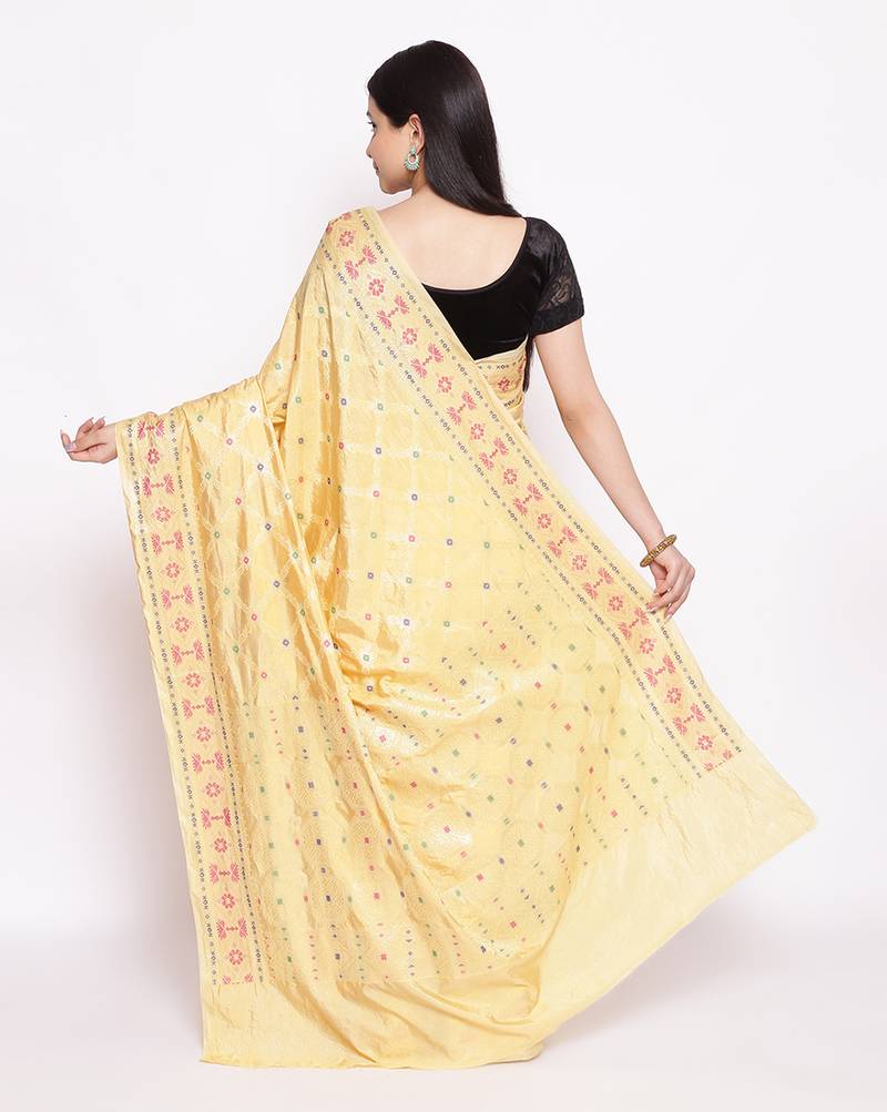 yellow Dupion Silk Banarasi Meena Jaal Saree