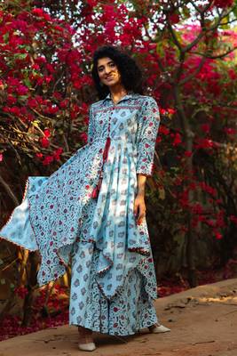 Blue Cambric Printed Asymmetric Tunic Palazzo Set with Mask 2