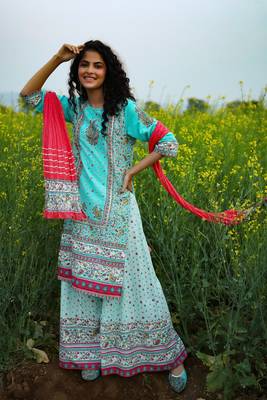 Aqua Cambric Printed Straight Kurta Palazzo Dupatta Set 1