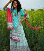 Aqua Cambric Printed Straight Kurta Palazzo Dupatta Set