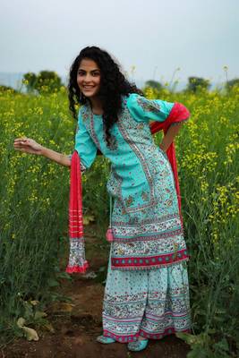 Aqua Cambric Printed Straight Kurta Palazzo Dupatta Set 2