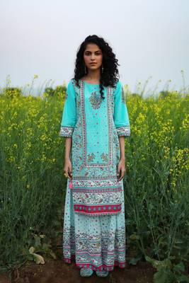 Aqua Cambric Printed Straight Kurta Palazzo Dupatta Set 3