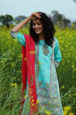 Aqua Cambric Printed Straight Kurta Palazzo Dupatta Set 4
