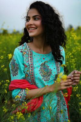 Aqua Cambric Printed Straight Kurta Palazzo Dupatta Set 5
