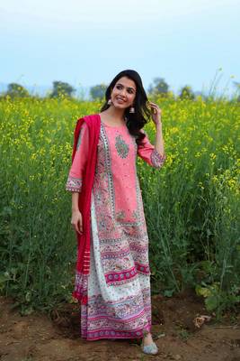 Coral Cambric Printed Straight Kurta Palazzo Dupatta Set 1