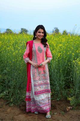 Coral Cambric Printed Straight Kurta Palazzo Dupatta Set 2
