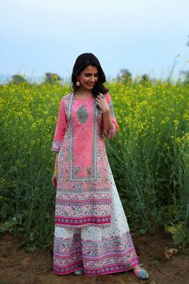 Coral Cambric Printed Straight Kurta Palazzo Dupatta Set 3