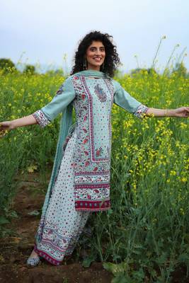 Grey Cambric Printed Straight Kurta Palazzo Dupatta Set 1