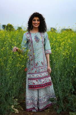 Grey Cambric Printed Straight Kurta Palazzo Dupatta Set 2