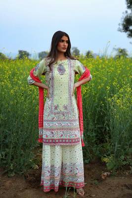 Limegreen Cambric Printed Straight Kurta Palazzo Dupatta Set 2