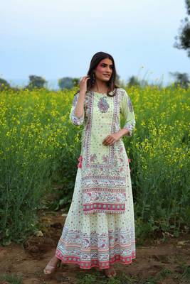 Limegreen Cambric Printed Straight Kurta Palazzo Dupatta Set 3