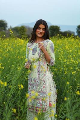 Limegreen Cambric Printed Straight Kurta Palazzo Dupatta Set 4