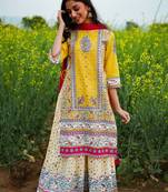 Yellow Cambric Printed Straight Kurta Palazzo Dupatta Set