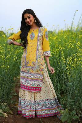 Yellow Cambric Printed Straight Kurta Palazzo Dupatta Set 3