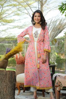 Coral Cambric & Rayon Printed Jacket Style Kurta Pant Set with Mask 1