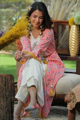 Coral Cambric & Rayon Printed Jacket Style Kurta Pant Set with Mask 2