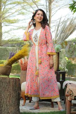 Coral Cambric & Rayon Printed Jacket Style Kurta Pant Set with Mask 3