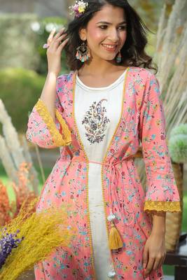 Coral Cambric & Rayon Printed Jacket Style Kurta Pant Set with Mask 4