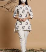 Natural Cotton Flex Printed High-Low Kurti Pant Set with Mask