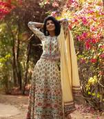 Beige Cambric Printed Straight Lehenga Choli Dupatta Set with Scrunchie
